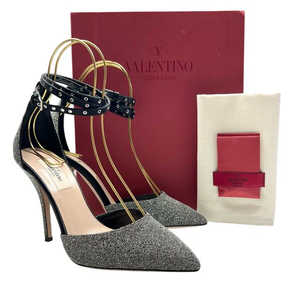 VALENTINO GARAVANI Glitter Ankle Strap Pumps EU 38 US 8 Silver Metallic Heels - Picture 2 of 11